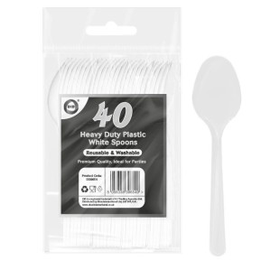 40pc Reusable Heavy Duty Plastic White Spoons