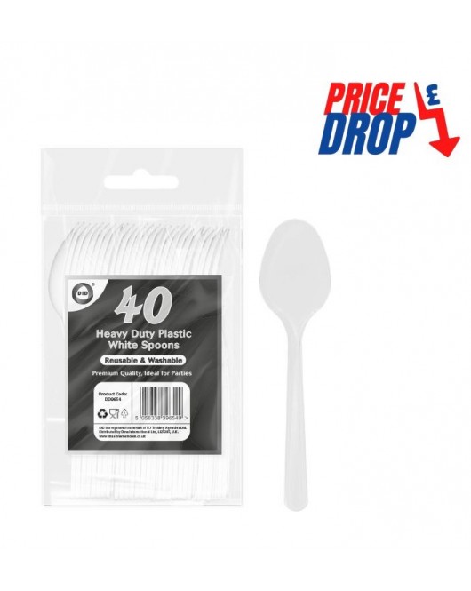 40pc Reusable Heavy Duty Plastic White Spoons