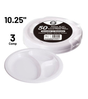 50pc Reusable Deluxe 10.25" 3 Compartment Round Plastic Plates