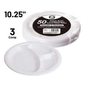 50pc Reusable Deluxe 10.25" 3 Compartment Round Plastic Plates
