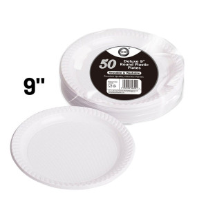 50pc Reusable Deluxe 9" Round Plastic Plates
