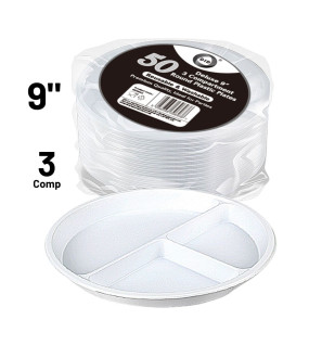 50pc Reusable Deluxe 9" 3 Compartment Round Plastic Plates