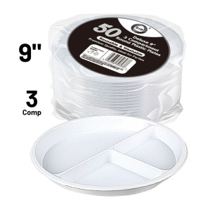 50pc Reusable Deluxe 9" 3 Compartment Round Plastic Plates