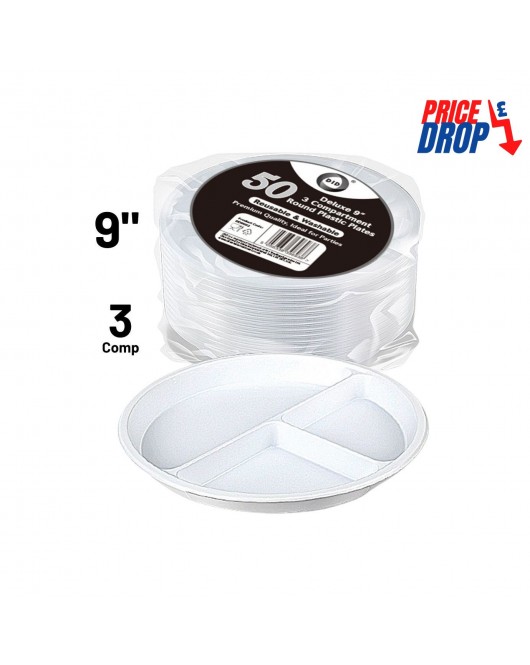 50pc Reusable Deluxe 9" 3 Compartment Round Plastic Plates