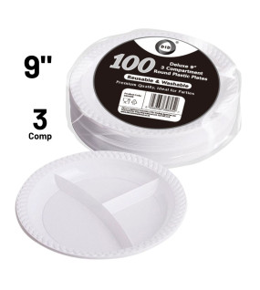 100pc Reusable Deluxe 9" 3 Compartment Round Plastic Plates