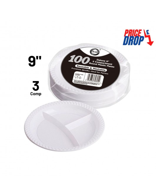 100pc Reusable Deluxe 9" 3 Compartment Round Plastic Plates