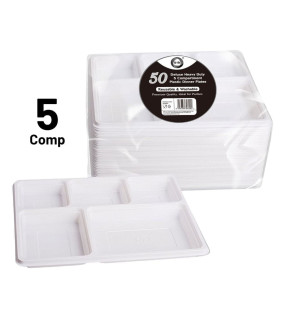 50pc Reusable Deluxe Heavy-Duty 5 Compartment Plastic Dinner Plates