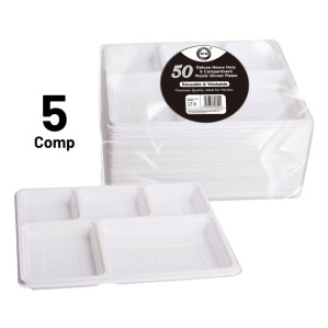 50pc Reusable Deluxe Heavy-Duty 5 Compartment Plastic Dinner Plates