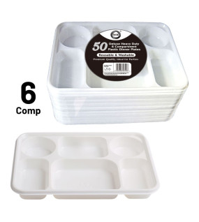 50pc Reusable Deluxe Heavy-Duty 6 Compartment Plastic Dinner Plates