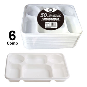 50pc Reusable Deluxe Heavy-Duty 6 Compartment Plastic Dinner Plates