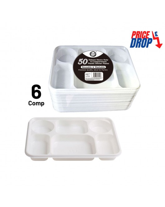 50pc Reusable Deluxe Heavy-Duty 6 Compartment Plastic Dinner Plates