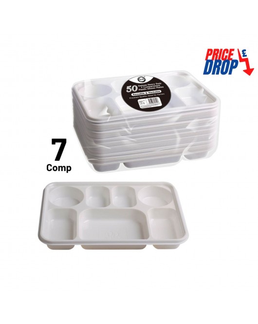 50pc Reusable Deluxe Heavy-Duty 7 Compartment Plastic Dinner Plates