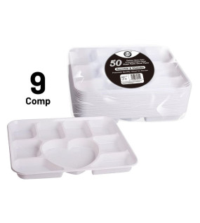 50pc Reusable Deluxe Heavy-Duty 9 Compartment Heart Shape Plastic Dinner Plates