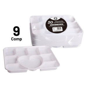 50pc Reusable Deluxe Heavy-Duty 9 Compartment Heart Shape Plastic Dinner Plates