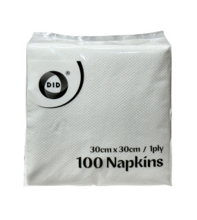 100pc 30cm x 30cm 1ply White Napkins