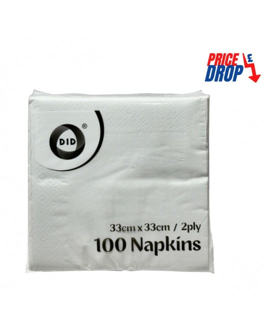 100pc 33cm x 33cm 2ply White Napkins