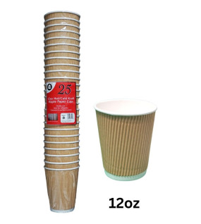 25pc 12oz Hot/Cold Kraft Ripple Paper Cups 
