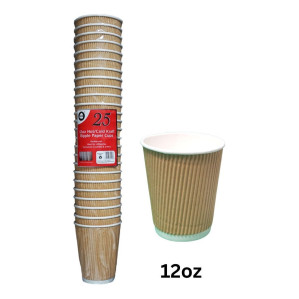 25pc 12oz Hot/Cold Kraft Ripple Paper Cups 
