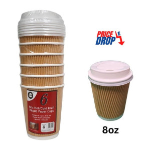 6pc 8oz Hot/Cold Kraft Ripple Paper Cups &amp; Lids 