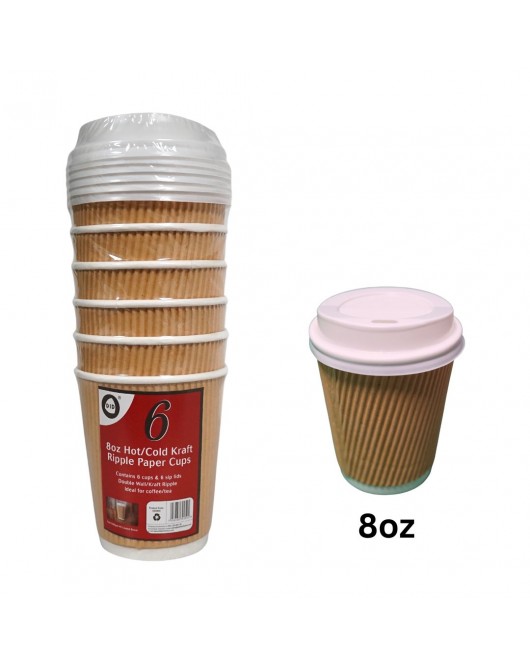 6pc 8oz Hot/Cold Kraft Ripple Paper Cups & Lids 