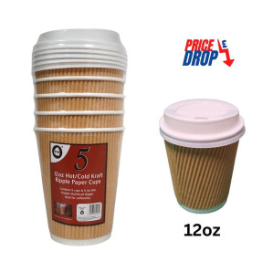 5pc 12oz Hot/Cold Kraft Ripple Paper Cups &amp; Lids 