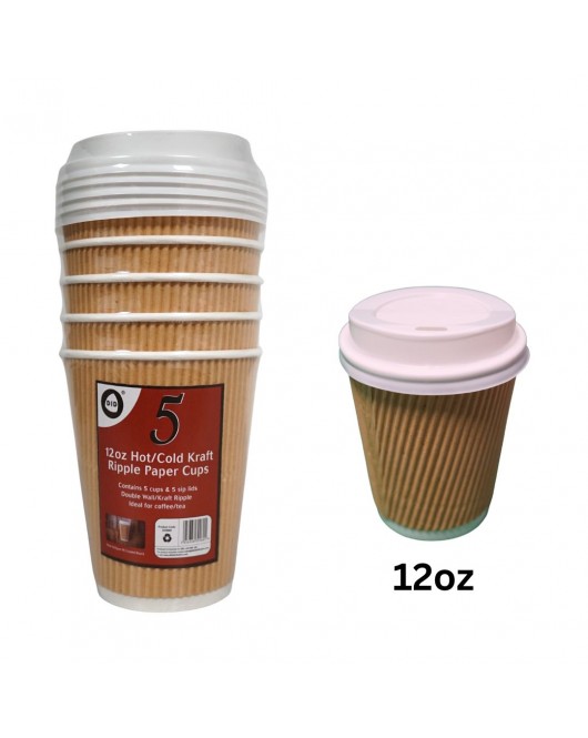 5pc 12oz Hot/Cold Kraft Ripple Paper Cups & Lids 