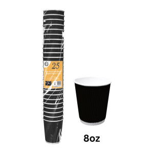25pc 8oz Hot/Cold Black Ripple Paper Cups 