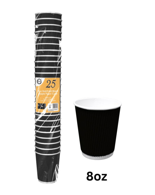 25pc 8oz Hot/Cold Black Ripple Paper Cups 