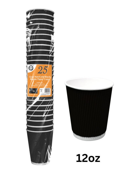 25pc 12oz Hot/Cold Black Ripple Paper Cups 25pc 12oz Hot/Cold Black Ripple Paper Cups