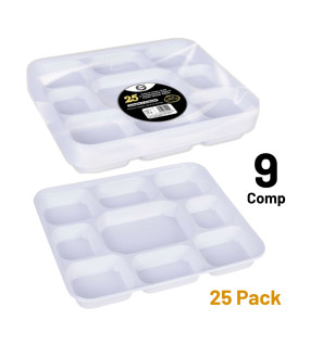 25pc Deluxe Heavy-Duty 9 Compartment Square Plastic Dinner Plates