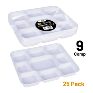 25pc Deluxe Heavy-Duty 9 Compartment Square Plastic Dinner Plates