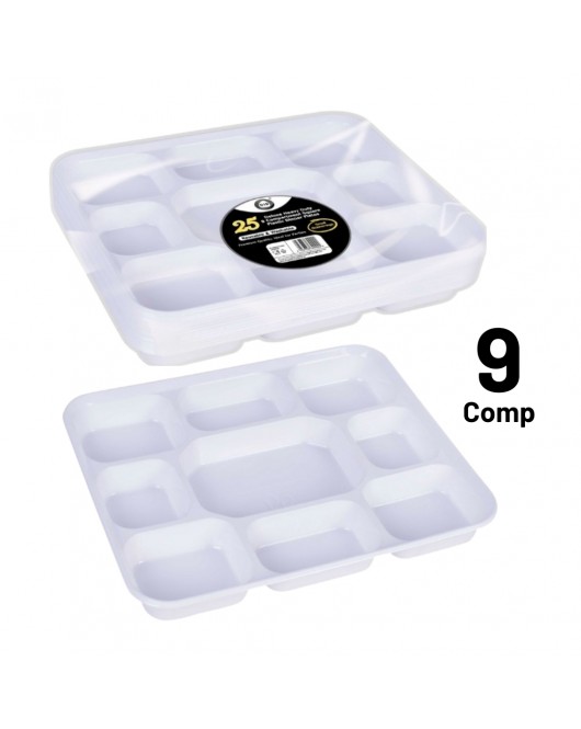 25pc Deluxe Heavy-Duty 9 Compartment Square Plastic Dinner Plates