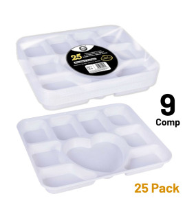 25pc Deluxe Heavy-Duty 9 Compartment Heart Shape Plastic Dinner Plates