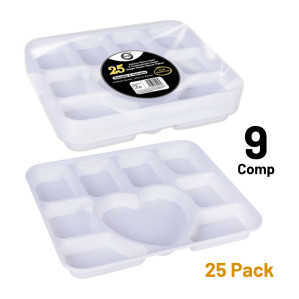 25pc Deluxe Heavy-Duty 9 Compartment Heart Shape Plastic Dinner Plates