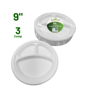 50pc 9" 3 Compartment Biodegradable Bagasse Plates
