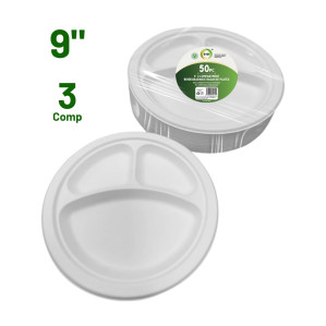 50pc 9" 3 Compartment Biodegradable Bagasse Plates