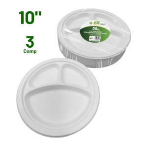 50pc 10" 3 Compartment Biodegradable Bagasse Plates