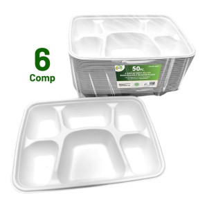 50pc 6 Compartment Deluxe Biodegradable Bagasse Plates