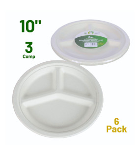 6pc 10" 3 Compartment Biodegradable Bagasse Plates