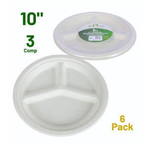 6pc 10" 3 Compartment Biodegradable Bagasse Plates
