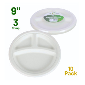 10pc 9" 3 Compartment Biodegradable Bagasse Plates