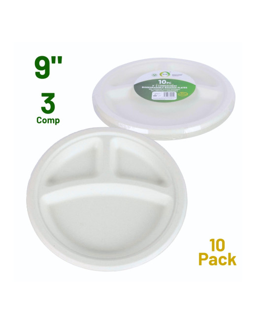 10pc 9" 3 Compartment Biodegradable Bagasse Plates