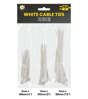 150Pk 2mm White Cable Ties - Assorted Lengths