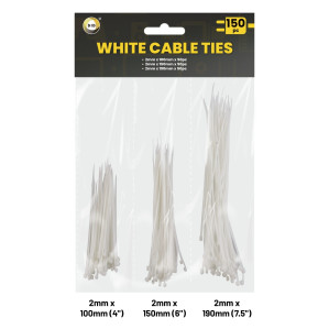 150Pk 2mm White Cable Ties - Assorted Lengths