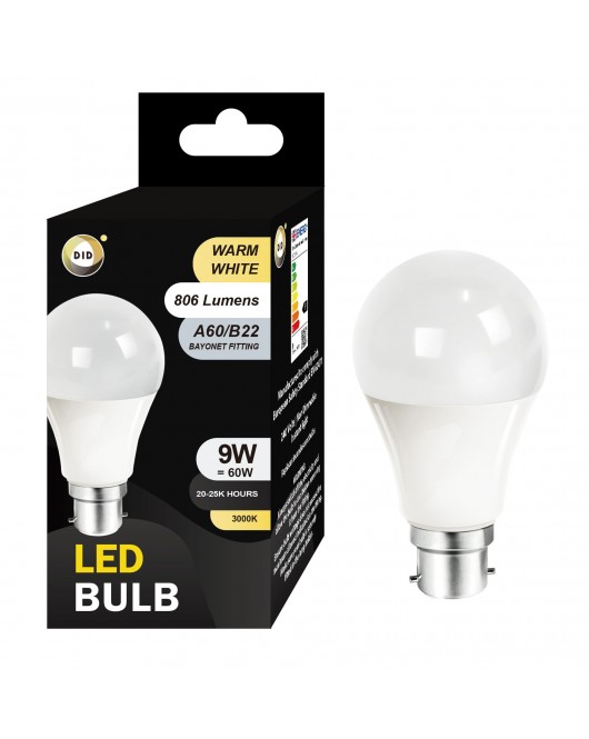 Warm White Led Bulb 9W A60/B22