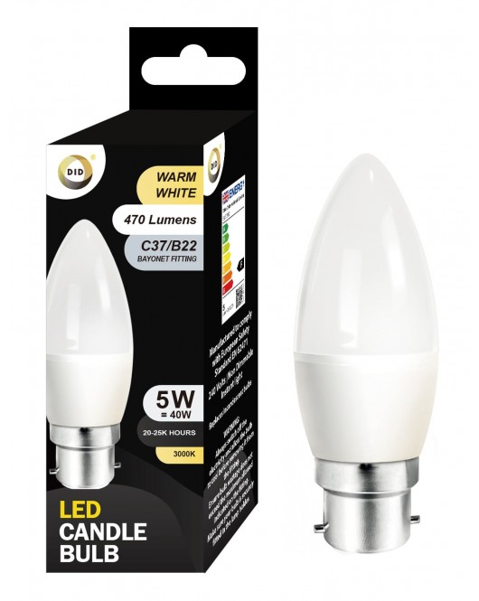 Warm White Led Candle Bulb 5W C37/B22