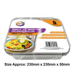 5pc 1600ml 9" x 9" Square Foil Containers with Lids (Approx 230mm x 230mm x 50mm)