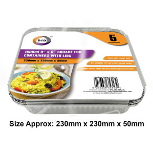 5pc 1600ml 9" x 9" Square Foil Containers with Lids (Approx 230mm x 230mm x 50mm)