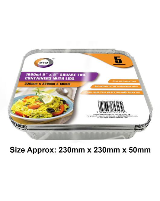 5pc 1600ml 9" x 9" Square Foil Containers with Lids (Approx 230mm x 230mm x 50mm)