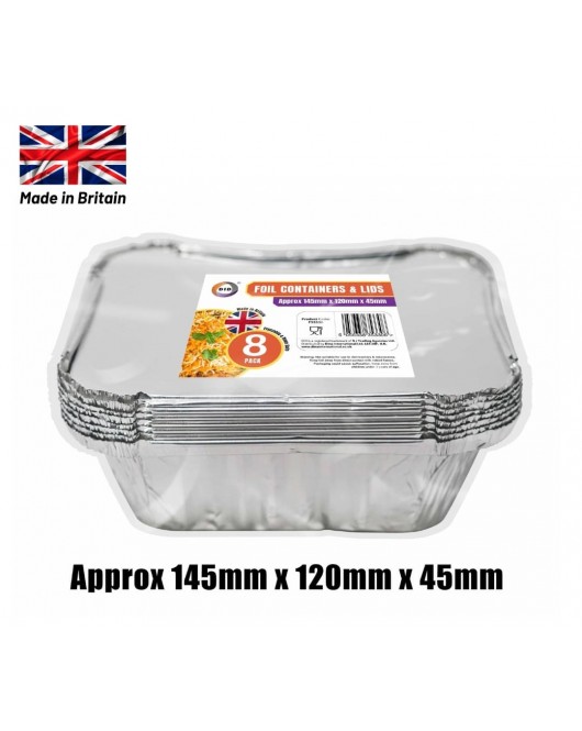 8pc Foil Containers & Lids (Approx 145mm x 120mm x 45mm)